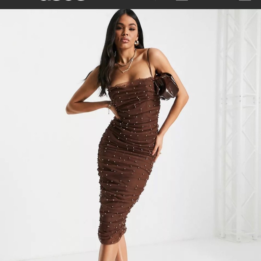 Asos Ruched Pearl Mesh Bodycon Midi Dress in Brown - Size 8